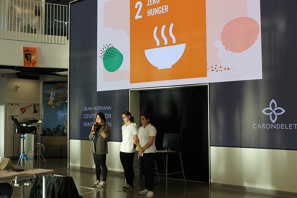 Student participants pitch their final product, which was based on the second SDG of Zero Hunger,...