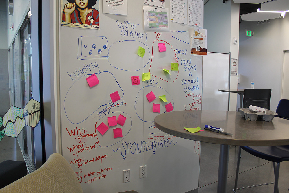 During the 2023 Carondelet Teen Hackathon, one team created a product called SpongeRoads. Pictured above is a portion of the brainstormin...