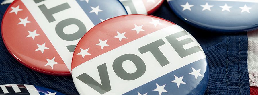 Democrat vs republican poll, democratic decision and primary voting conceptual idea with Vote election campaign button badges and the uni...