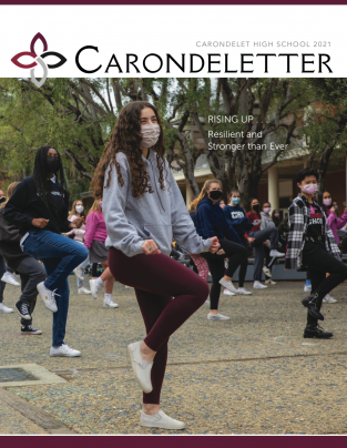 Catherine DeVincenzi dances during RISE week, as pictured on the cover of the Fall 2021 Carondele...