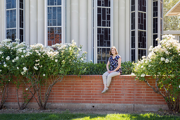 Paige Wallace '13 in one of her favorite places on campus, in front of the Chapel.