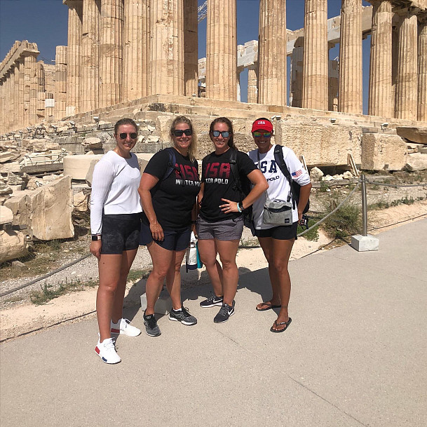 Cat Arroyo (second from left) coached the U15 US water polo National Team in Greece in August 202...