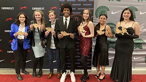 Winton Arts Film Fest 23 winners proudly display their Oaky awards.