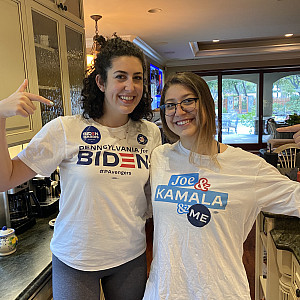 Allison and Lauren Barry celebrate after Pennsylvania and the election were called in favor of Joe Biden.